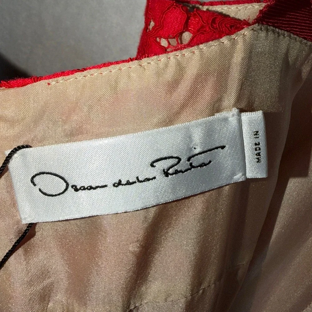 New Oscar De La Renta Dress 8 Red Fluted Lace Midi Silk Lined Italian‎ NWT!